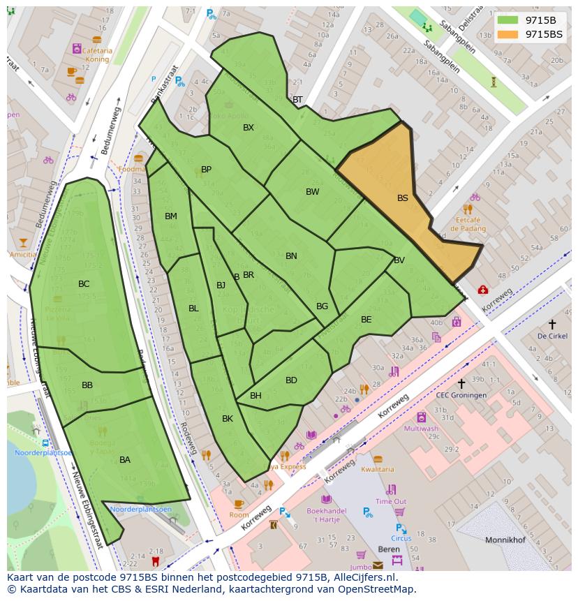 Afbeelding van het postcodegebied 9715 BS op de kaart.