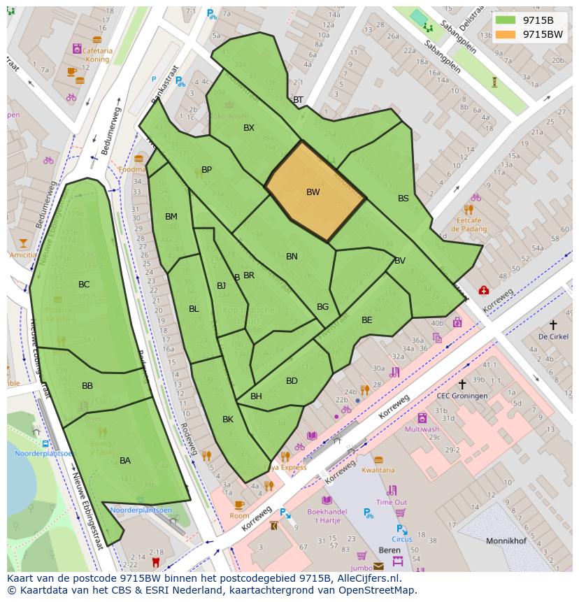 Afbeelding van het postcodegebied 9715 BW op de kaart.