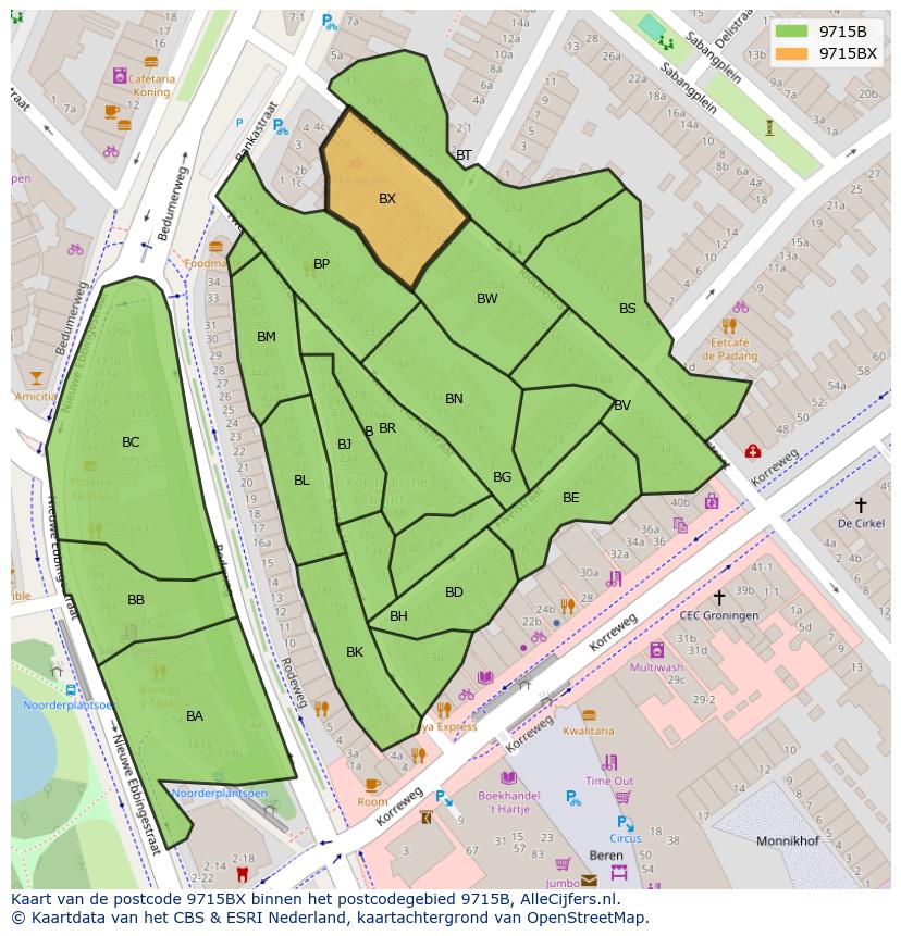 Afbeelding van het postcodegebied 9715 BX op de kaart.