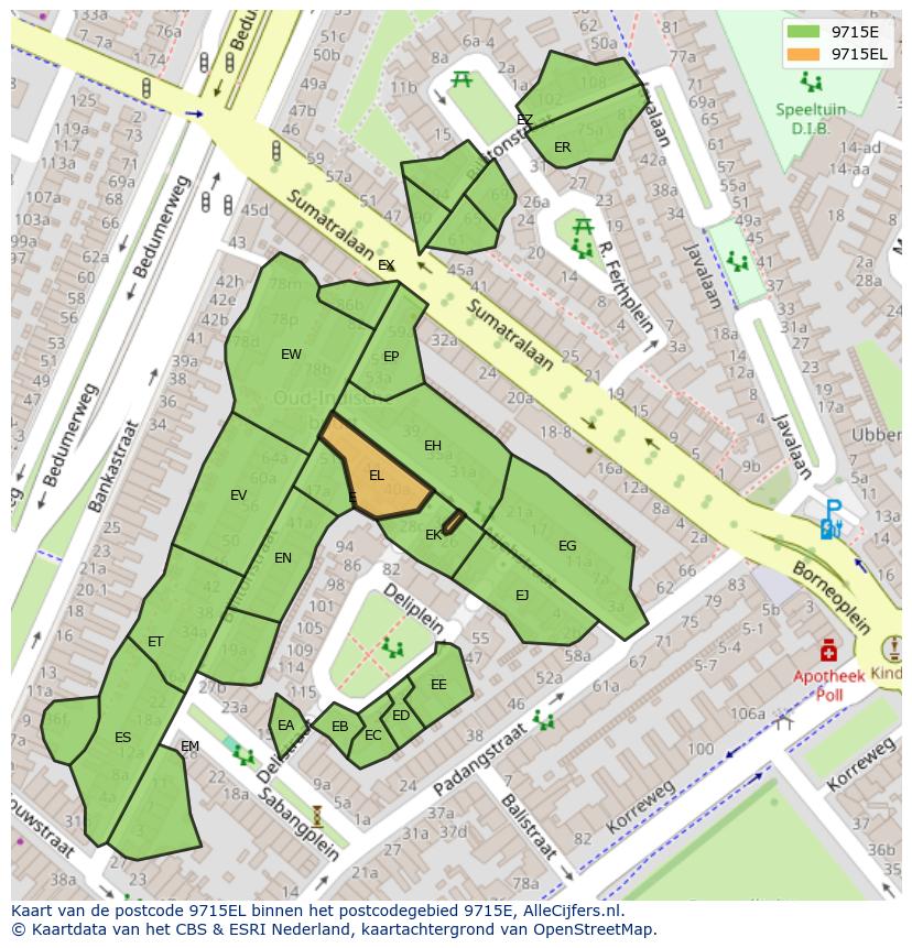 Afbeelding van het postcodegebied 9715 EL op de kaart.