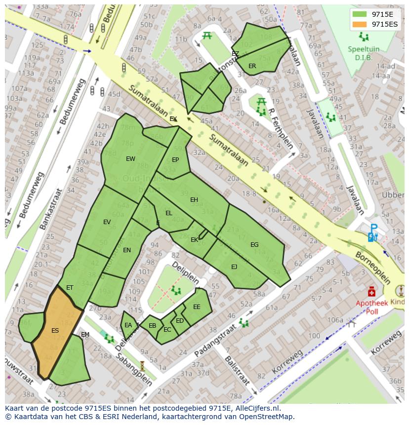 Afbeelding van het postcodegebied 9715 ES op de kaart.