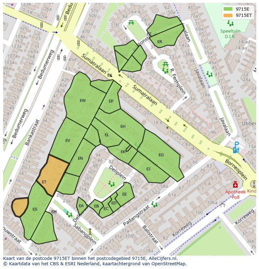 Afbeelding van het postcodegebied 9715 ET op de kaart.