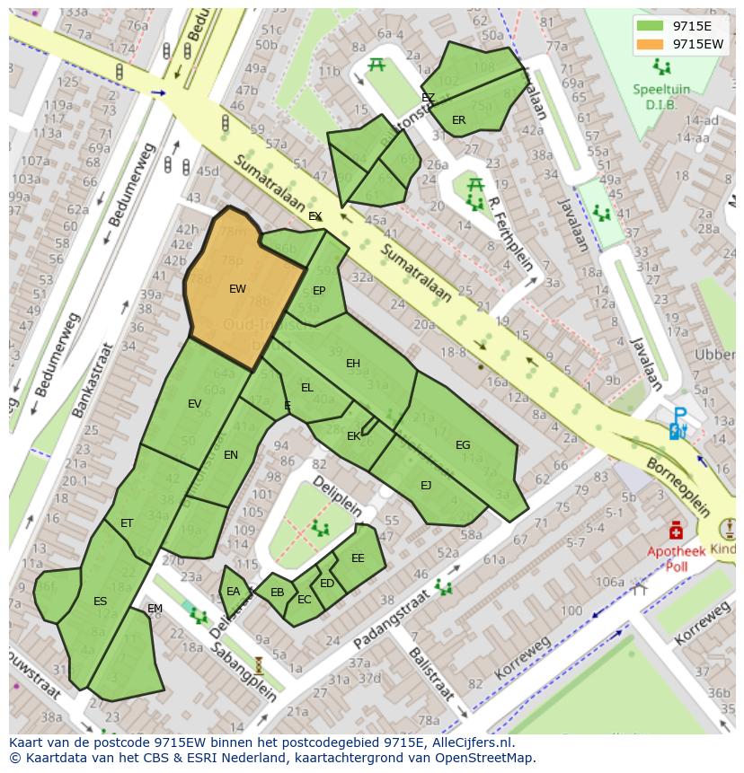 Afbeelding van het postcodegebied 9715 EW op de kaart.