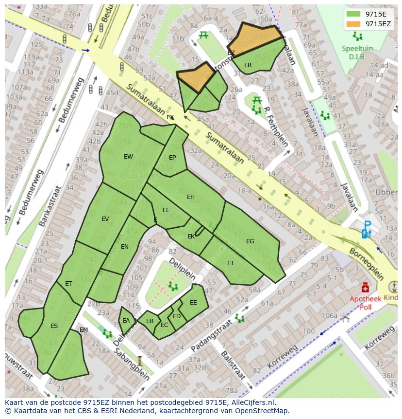 Afbeelding van het postcodegebied 9715 EZ op de kaart.