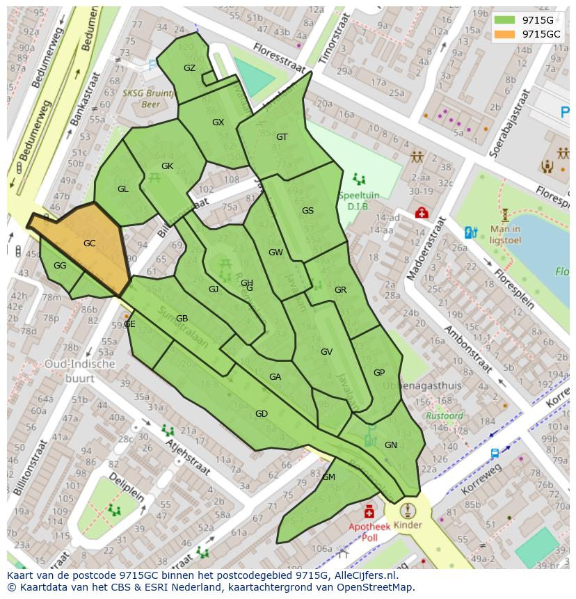 Afbeelding van het postcodegebied 9715 GC op de kaart.