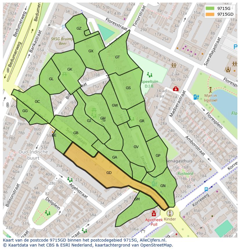 Afbeelding van het postcodegebied 9715 GD op de kaart.