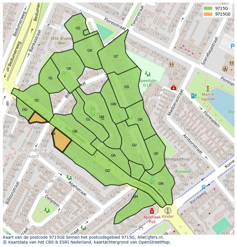 Afbeelding van het postcodegebied 9715 GE op de kaart.