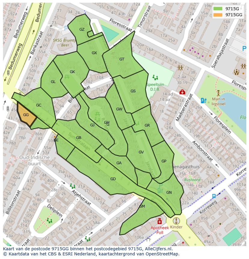 Afbeelding van het postcodegebied 9715 GG op de kaart.