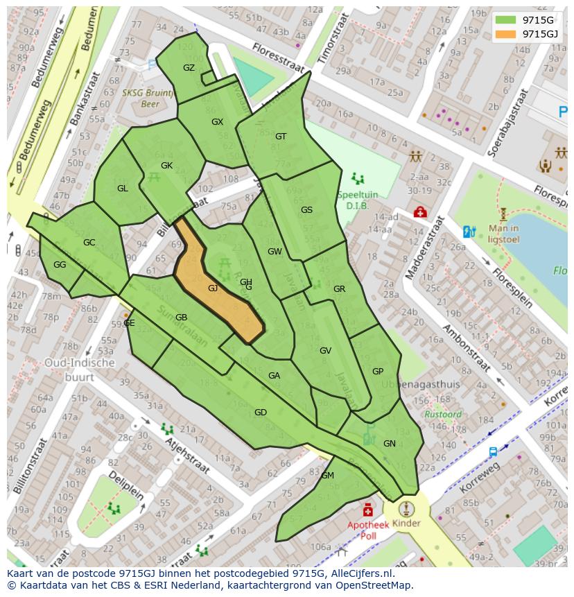 Afbeelding van het postcodegebied 9715 GJ op de kaart.