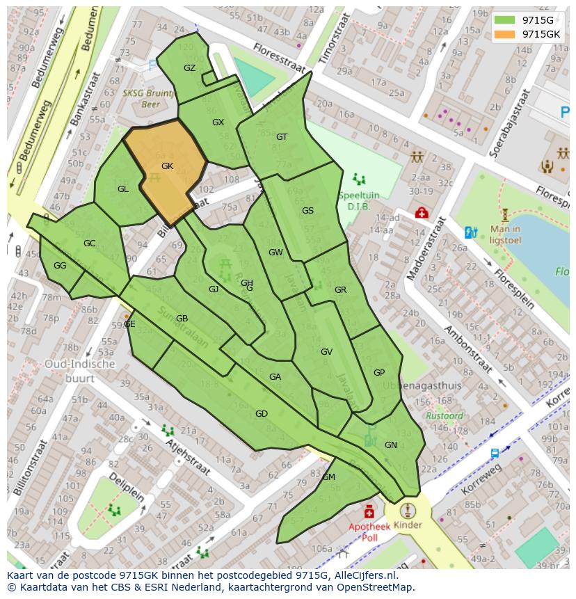 Afbeelding van het postcodegebied 9715 GK op de kaart.