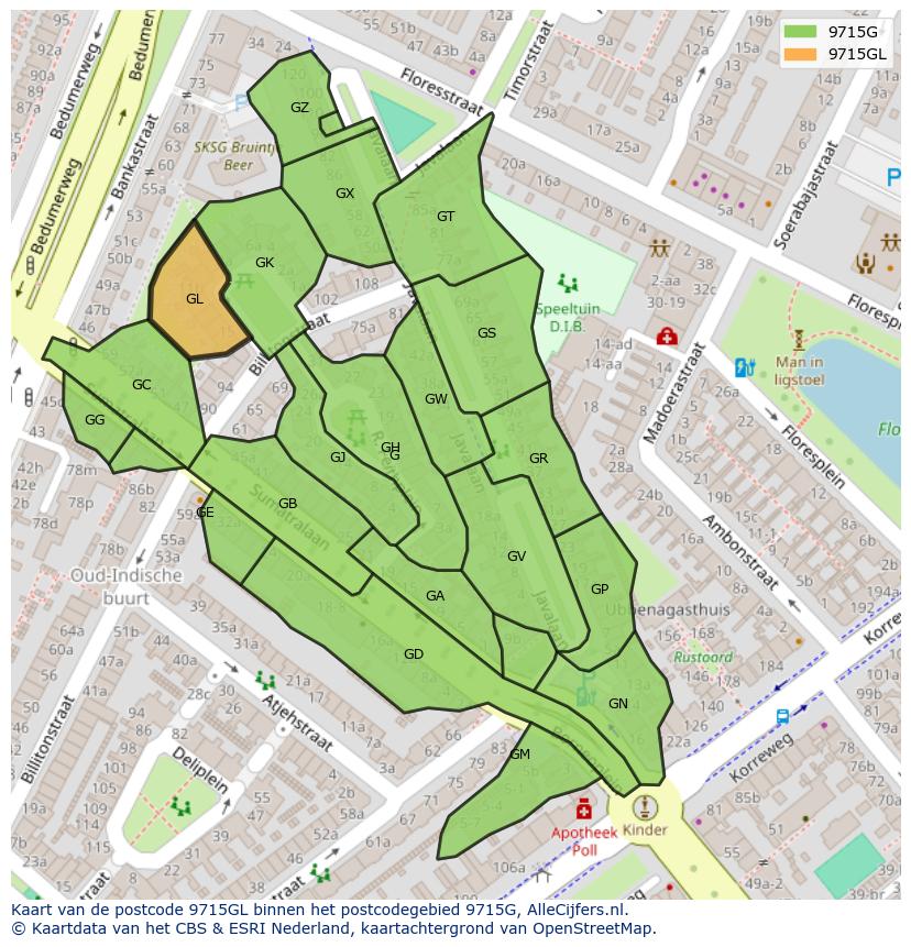 Afbeelding van het postcodegebied 9715 GL op de kaart.