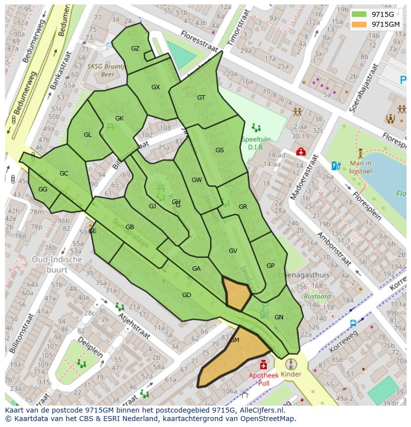 Afbeelding van het postcodegebied 9715 GM op de kaart.
