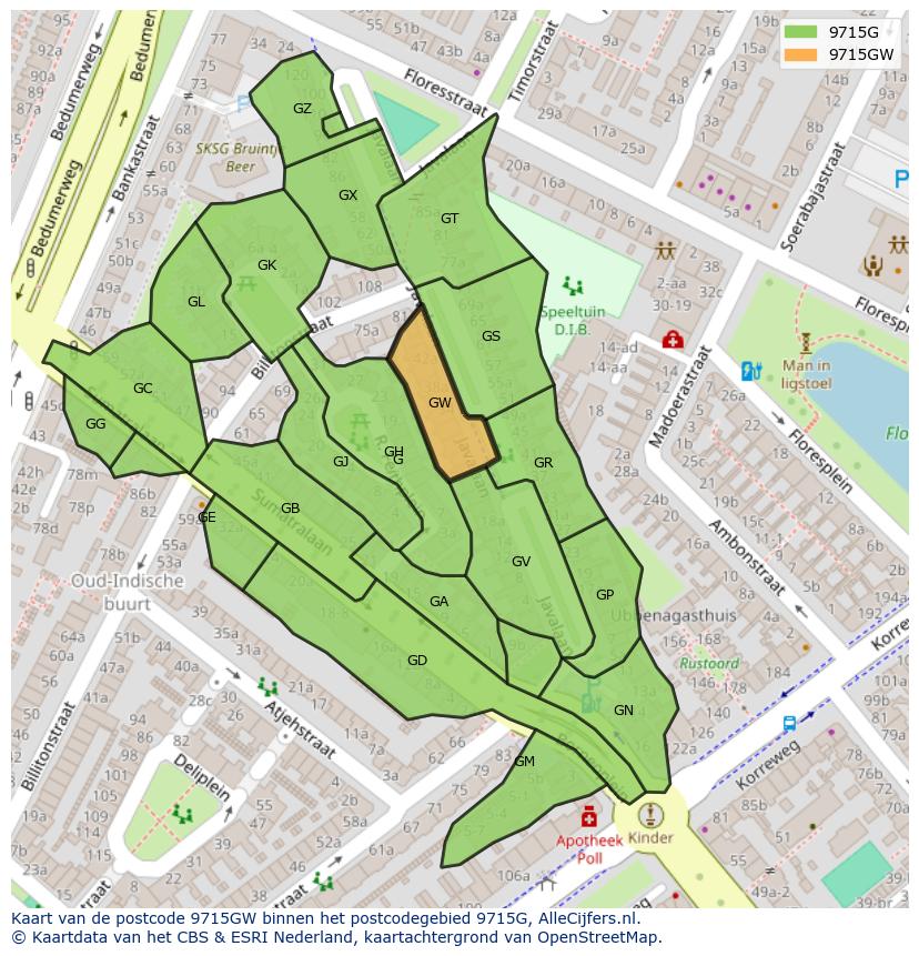 Afbeelding van het postcodegebied 9715 GW op de kaart.