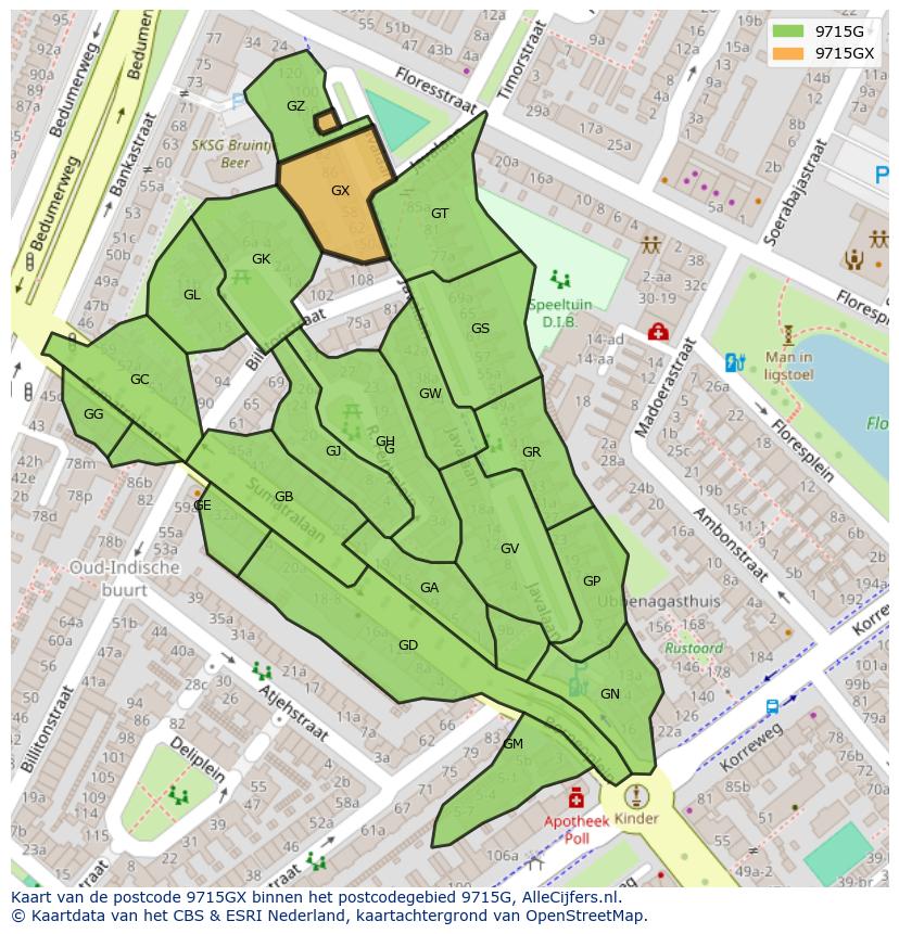 Afbeelding van het postcodegebied 9715 GX op de kaart.