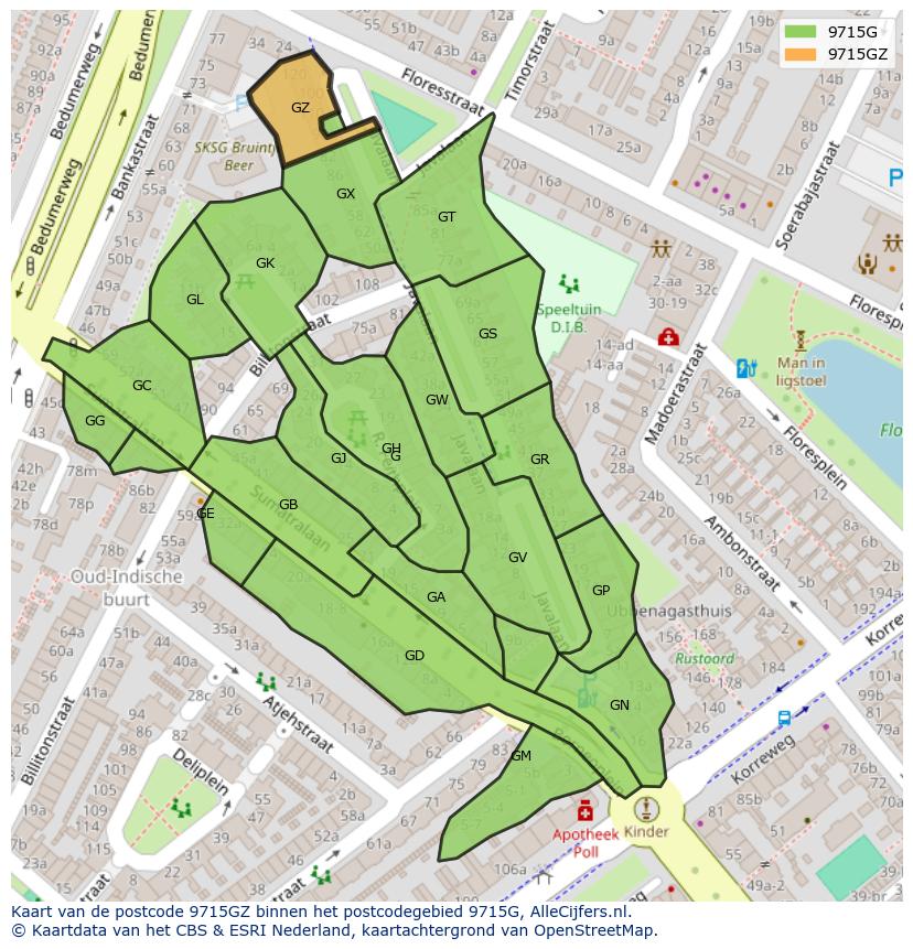 Afbeelding van het postcodegebied 9715 GZ op de kaart.