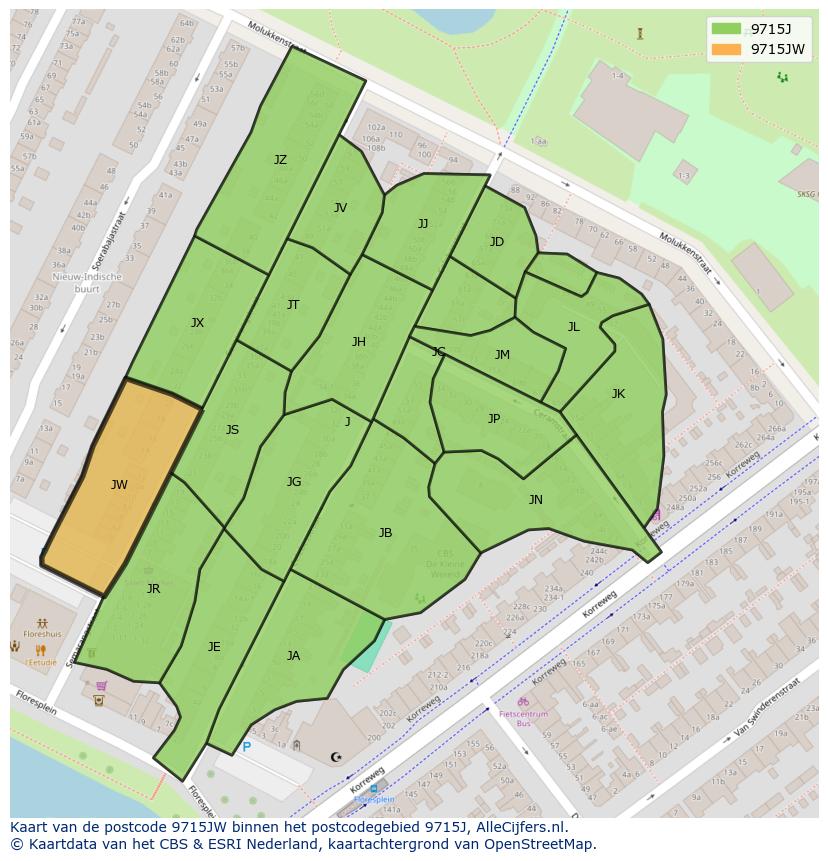 Afbeelding van het postcodegebied 9715 JW op de kaart.