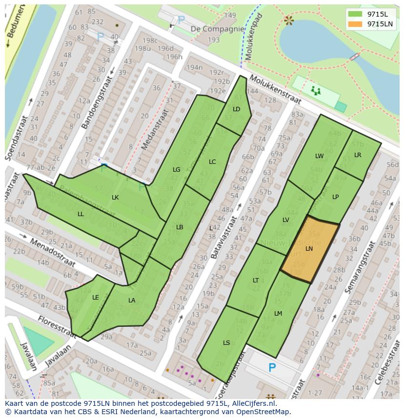 Afbeelding van het postcodegebied 9715 LN op de kaart.