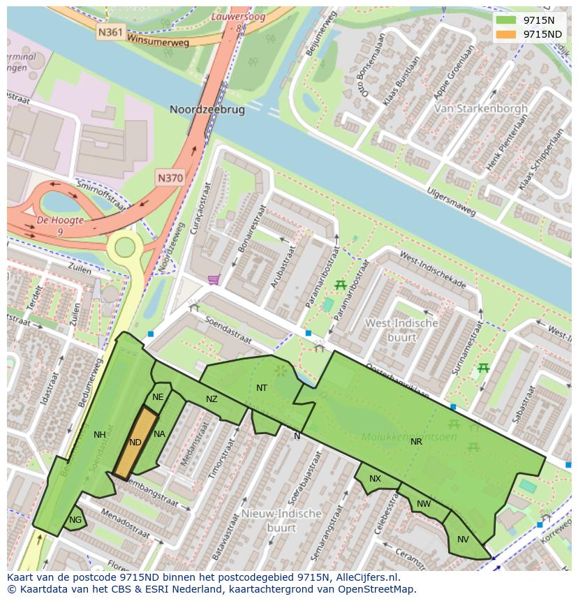 Afbeelding van het postcodegebied 9715 ND op de kaart.