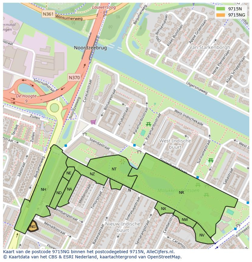 Afbeelding van het postcodegebied 9715 NG op de kaart.