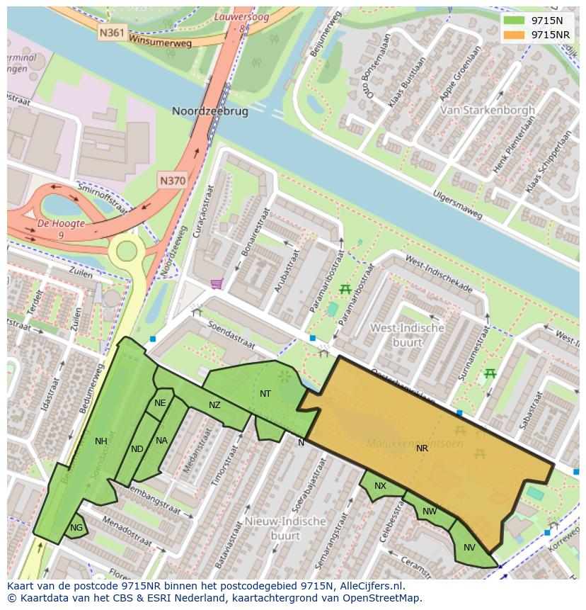 Afbeelding van het postcodegebied 9715 NR op de kaart.