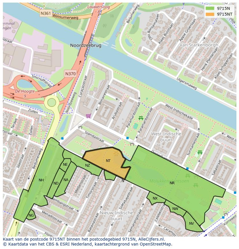 Afbeelding van het postcodegebied 9715 NT op de kaart.