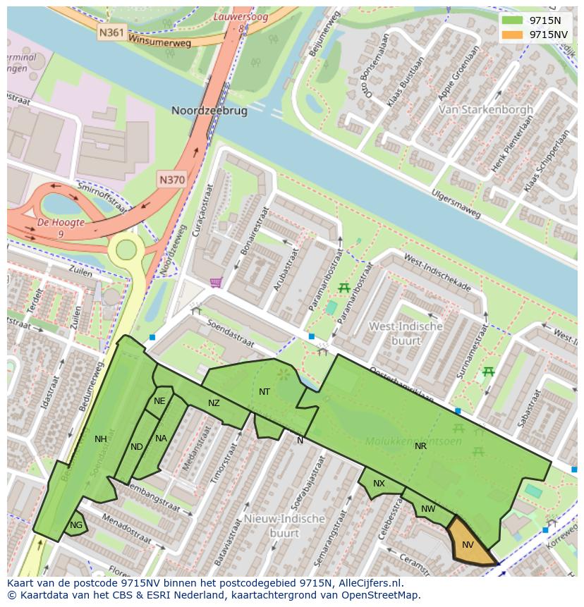 Afbeelding van het postcodegebied 9715 NV op de kaart.