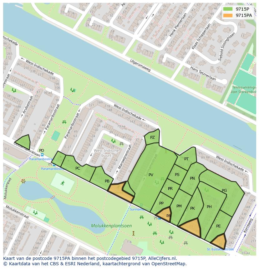 Afbeelding van het postcodegebied 9715 PA op de kaart.