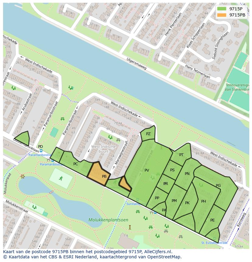 Afbeelding van het postcodegebied 9715 PB op de kaart.