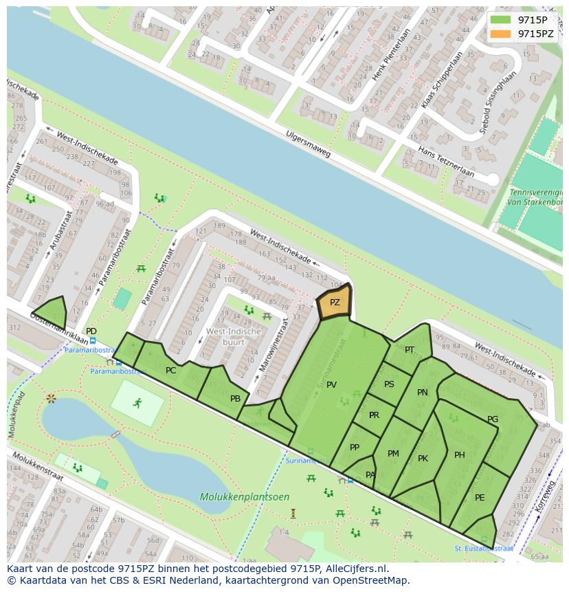 Afbeelding van het postcodegebied 9715 PZ op de kaart.