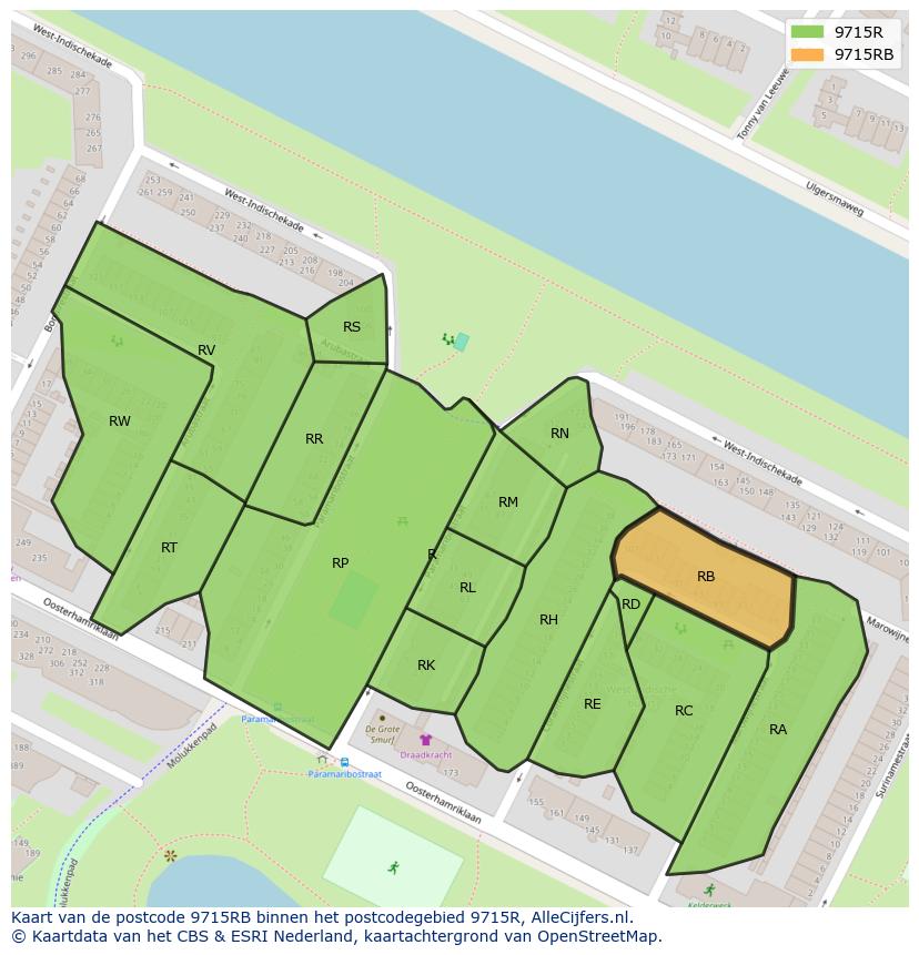Afbeelding van het postcodegebied 9715 RB op de kaart.