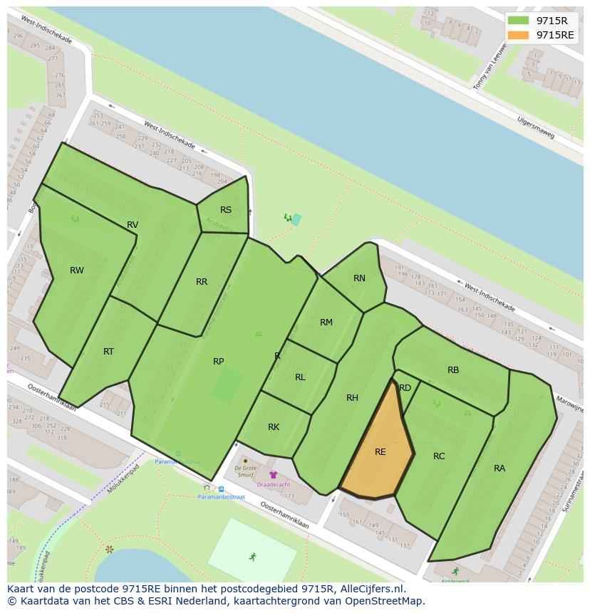 Afbeelding van het postcodegebied 9715 RE op de kaart.