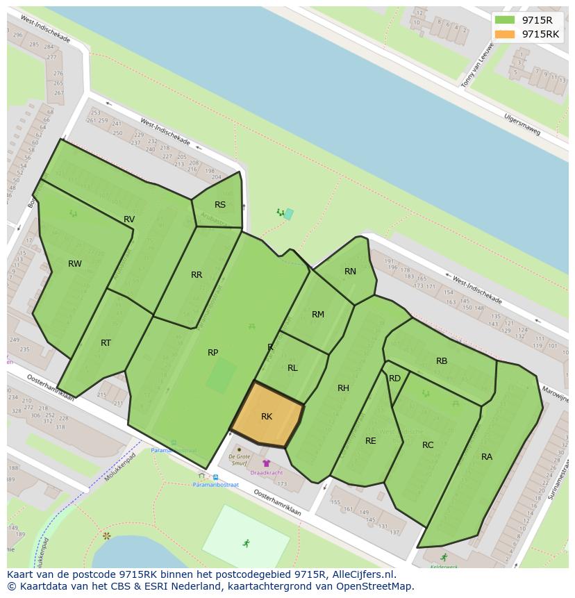 Afbeelding van het postcodegebied 9715 RK op de kaart.