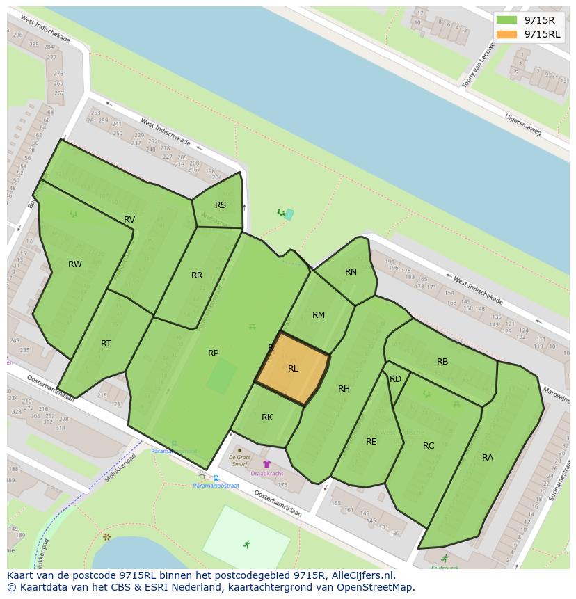 Afbeelding van het postcodegebied 9715 RL op de kaart.
