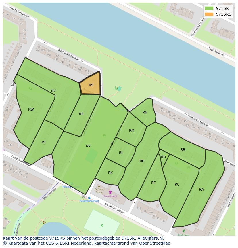 Afbeelding van het postcodegebied 9715 RS op de kaart.