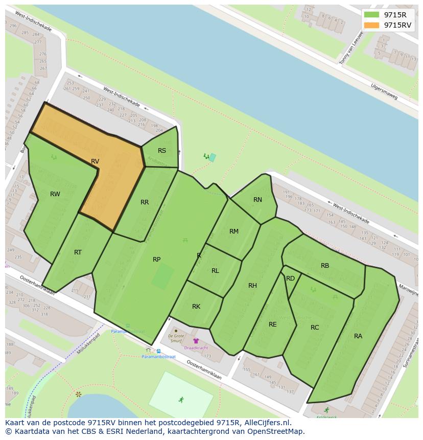 Afbeelding van het postcodegebied 9715 RV op de kaart.