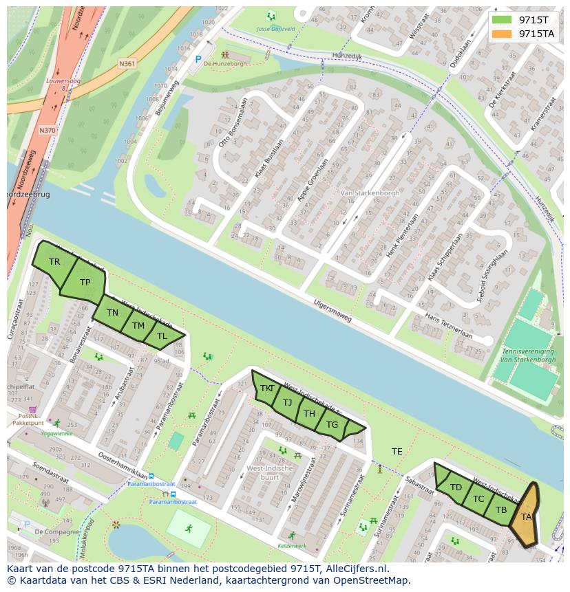 Afbeelding van het postcodegebied 9715 TA op de kaart.