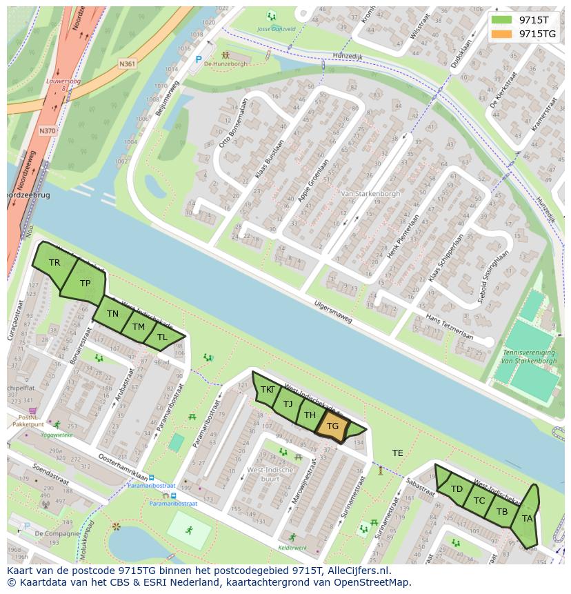 Afbeelding van het postcodegebied 9715 TG op de kaart.