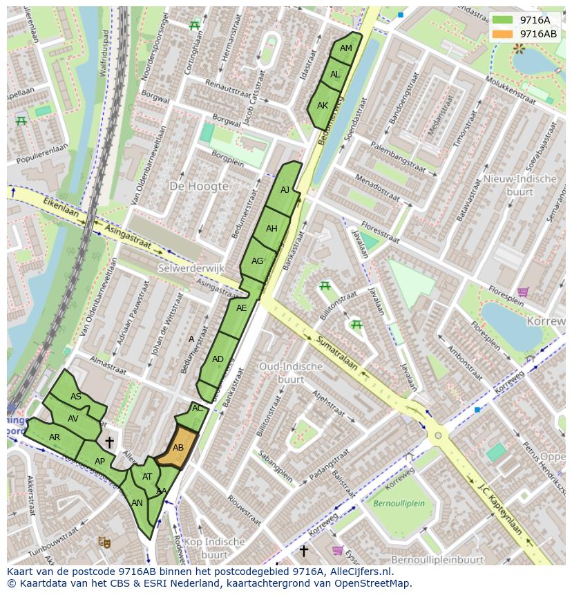 Afbeelding van het postcodegebied 9716 AB op de kaart.