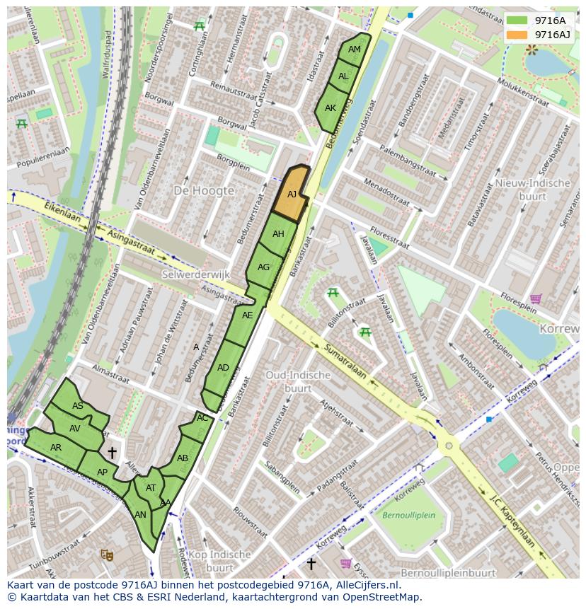 Afbeelding van het postcodegebied 9716 AJ op de kaart.