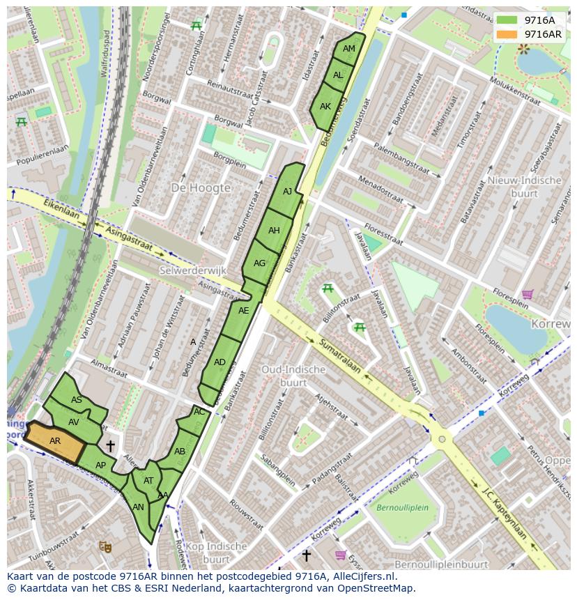 Afbeelding van het postcodegebied 9716 AR op de kaart.