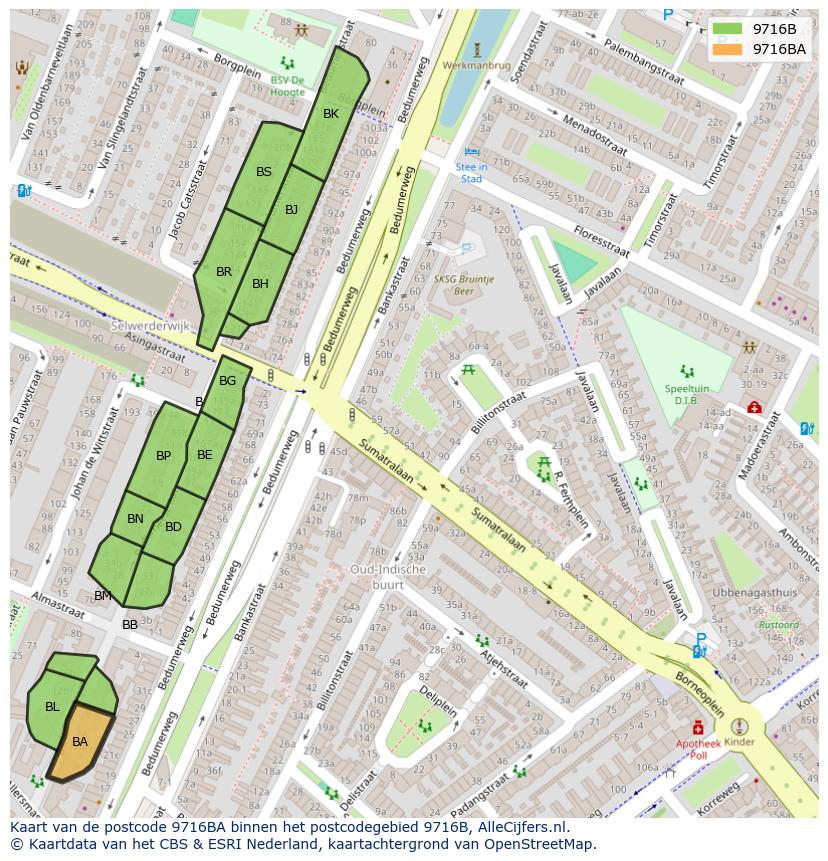 Afbeelding van het postcodegebied 9716 BA op de kaart.