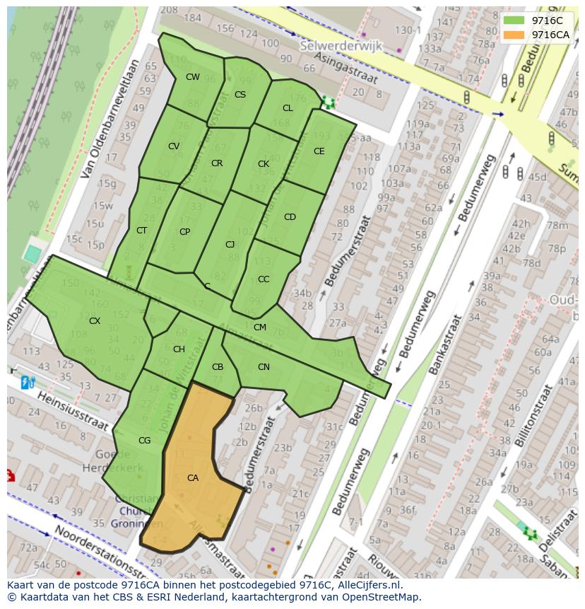 Afbeelding van het postcodegebied 9716 CA op de kaart.