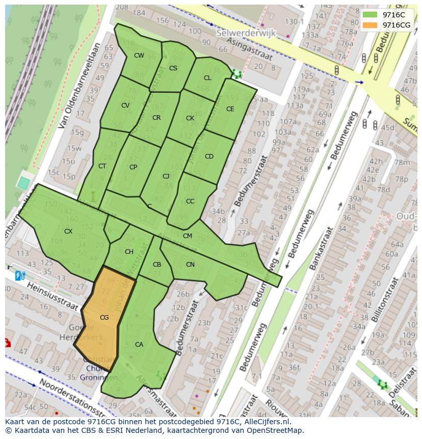 Afbeelding van het postcodegebied 9716 CG op de kaart.