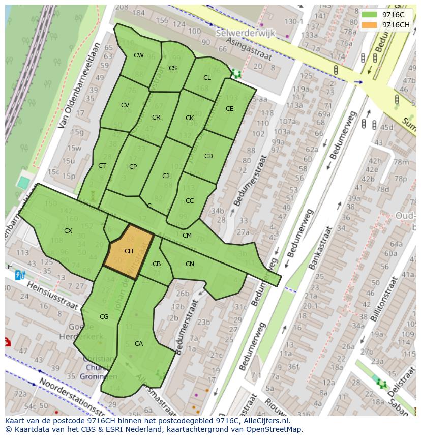 Afbeelding van het postcodegebied 9716 CH op de kaart.