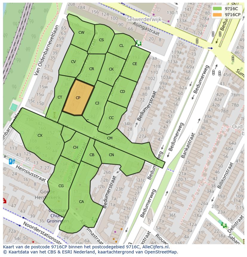Afbeelding van het postcodegebied 9716 CP op de kaart.