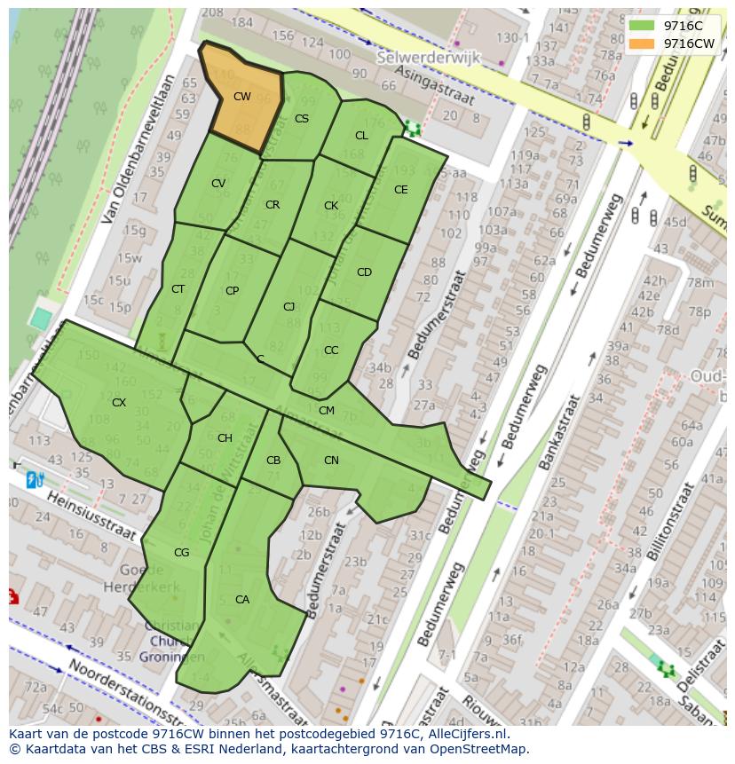 Afbeelding van het postcodegebied 9716 CW op de kaart.