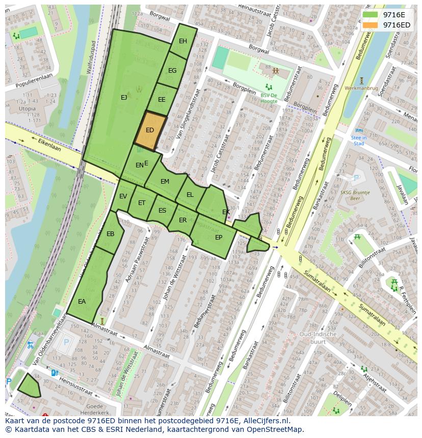 Afbeelding van het postcodegebied 9716 ED op de kaart.