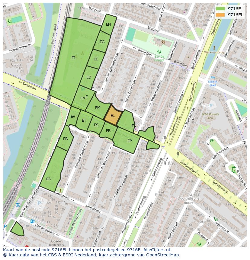 Afbeelding van het postcodegebied 9716 EL op de kaart.
