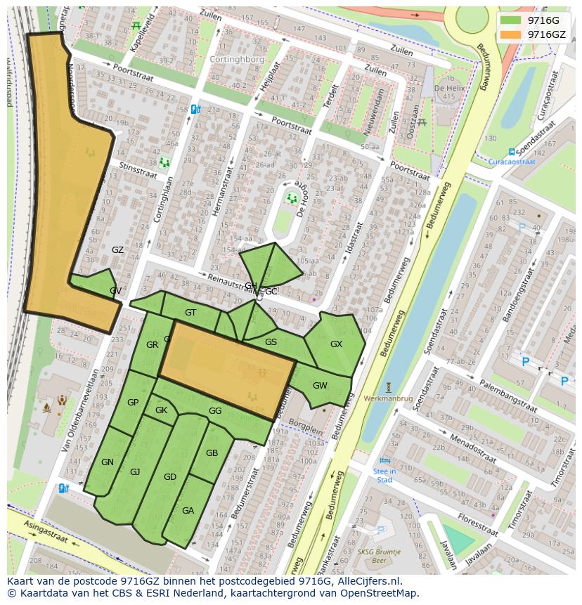 Afbeelding van het postcodegebied 9716 GZ op de kaart.