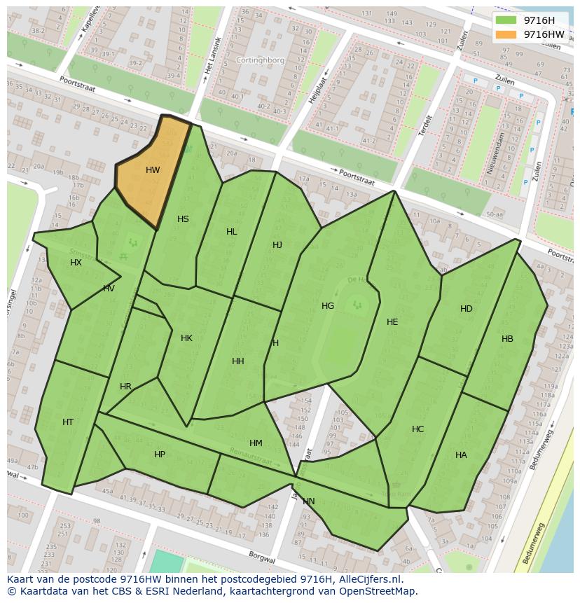 Afbeelding van het postcodegebied 9716 HW op de kaart.